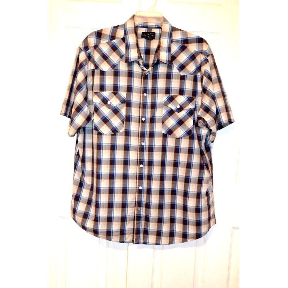 High Noon Western‎ Pearl Snap Shirt Men's 2XL  Short  Sleeve Blue Plaid